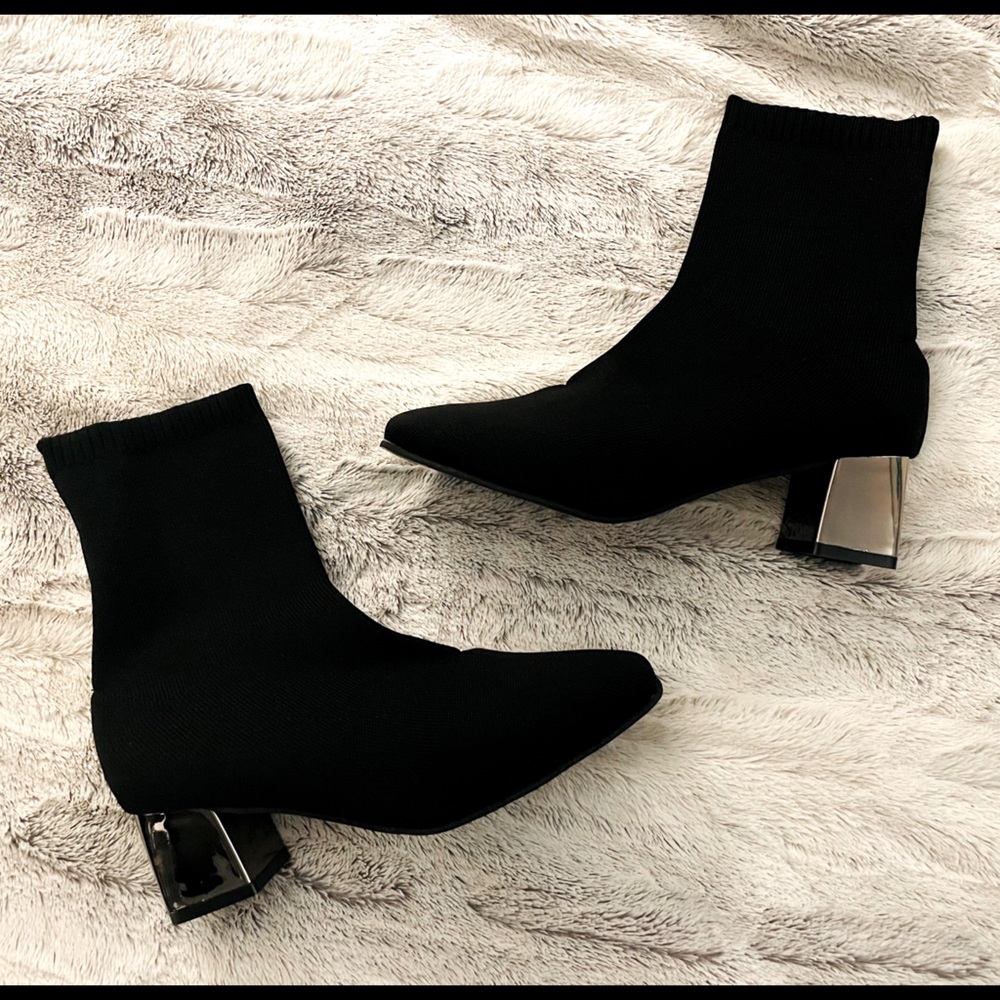 Black faux suede ankle sock boot w chunky heels
